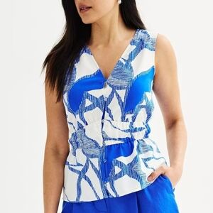 Nine West Women's Top Blouse Size XL White Blue Sleeveless Floral Button Up